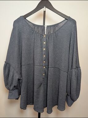 Free People Women's Size S Marla Oversized Henley Top Blue Boho Slouchy Cottage